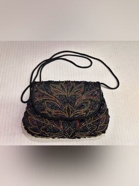 Vintage  Mervyn’s Black Beaded Embroidered Crossbody Bag with Gold & Red Accents